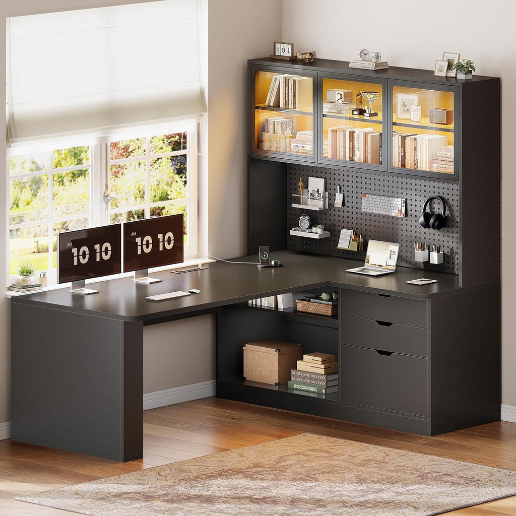 SEDETA L Shaped Computer Desk, L Shaped Corner Gaming Desk with 3 Wood Drawer and Large Bookshelf, Home Office Desk with LED Light, Display Cabinet and Pegboard, 27.5' W Large Desktop Table, Black