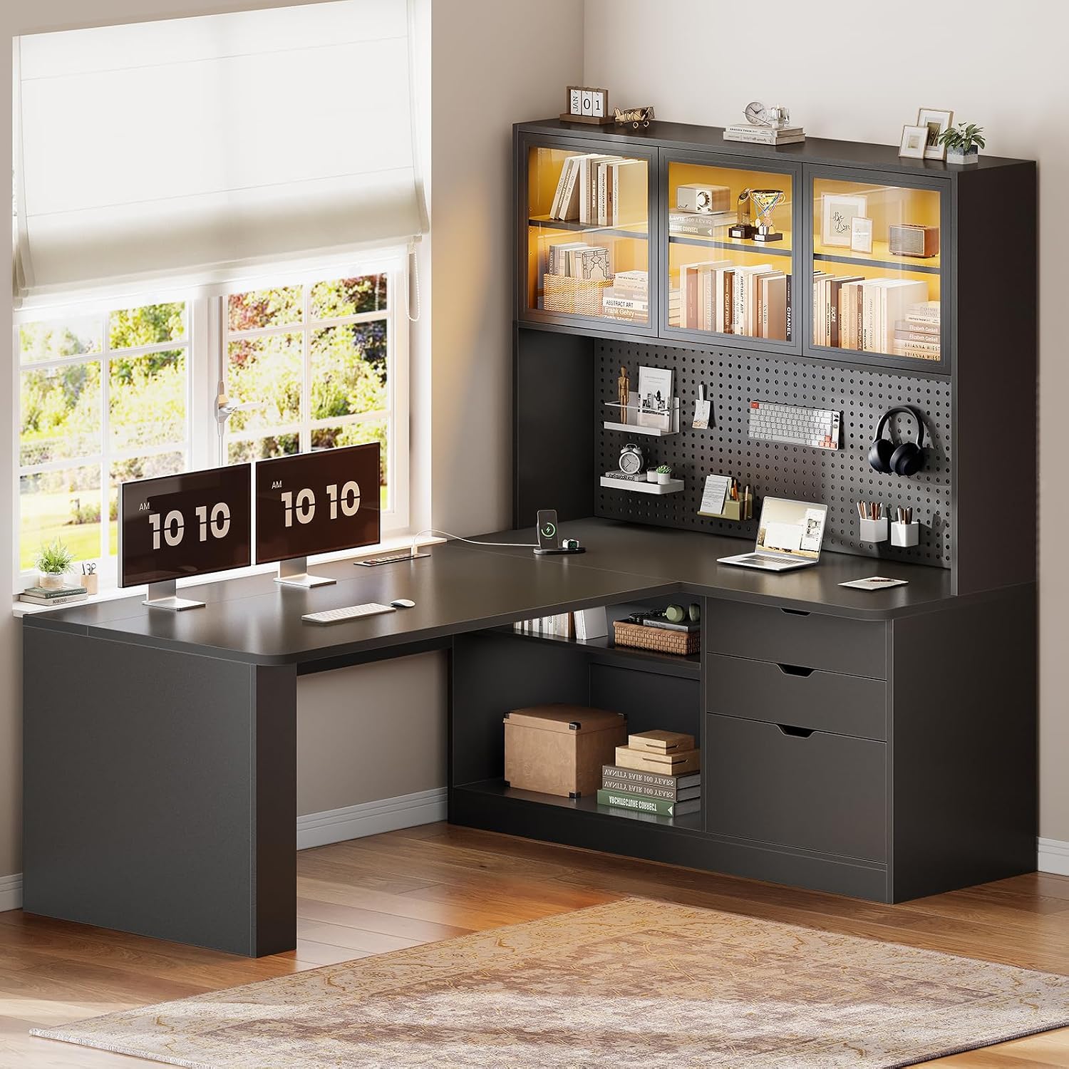 SEDETA L Shaped Computer Desk, L Shaped Corner Gaming Desk with 3 Wood Drawer and Large Bookshelf, Home Office Desk with LED Light, Display Cabinet and Pegboard, 27.5' W Large Desktop Table, Black