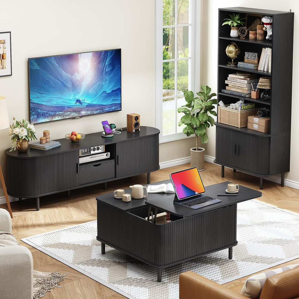 ONBRILL 71' Tall Bookshelf, 4-Tier Bookcase with Storage Cabinet & Adjustable Shelves, Floor Standing Wooden Bookshelf with Sliding Door and Adjustable Footpad, for Home Office, Living Room, Black