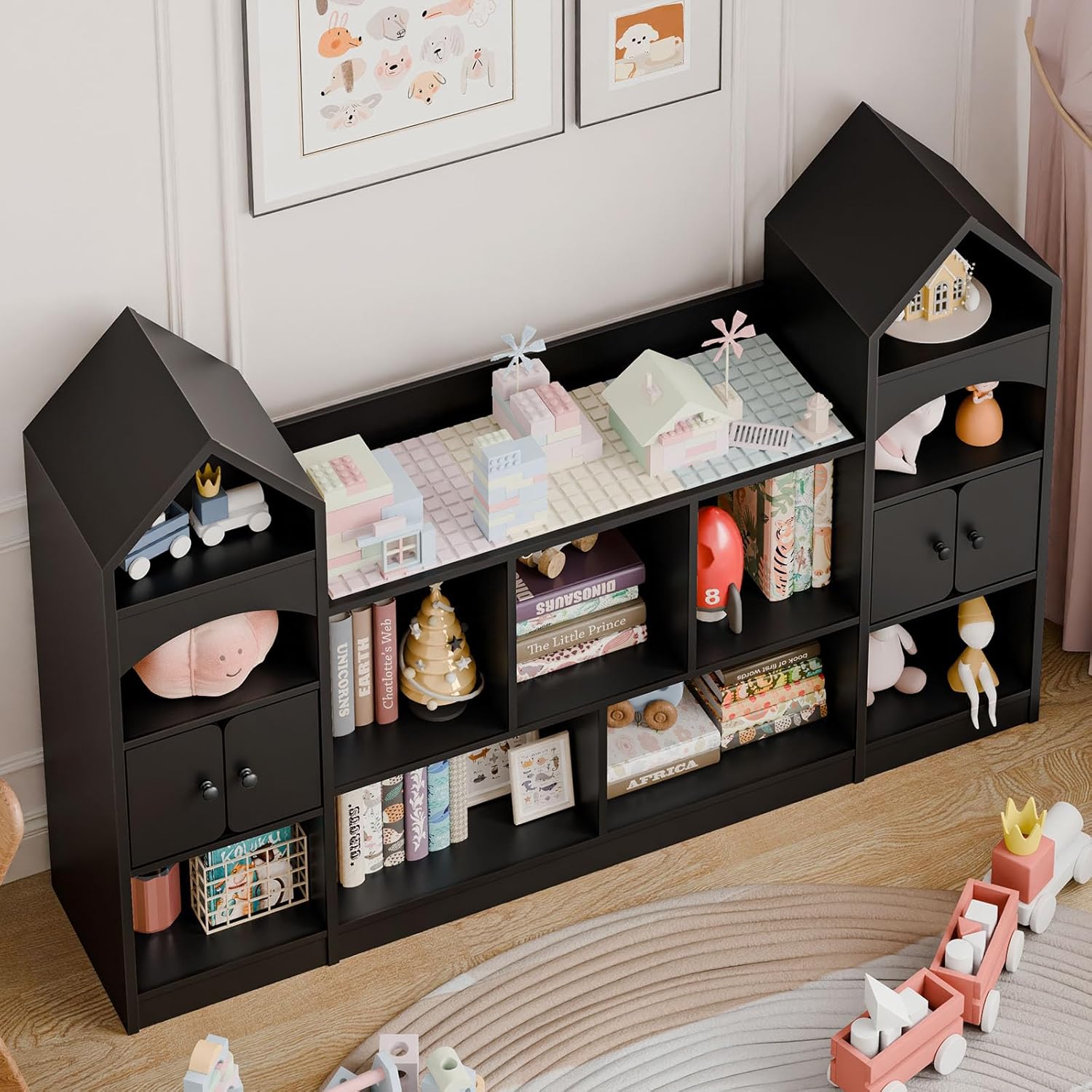 Vabches Castle Shape Children's Bookshelf, Kids Bookcase Display Case Kids Toy Storage Organizer Multifunctional Storage Cabinet Bookshelf Suitable for Playroom, Children's Room, Living Room, Black