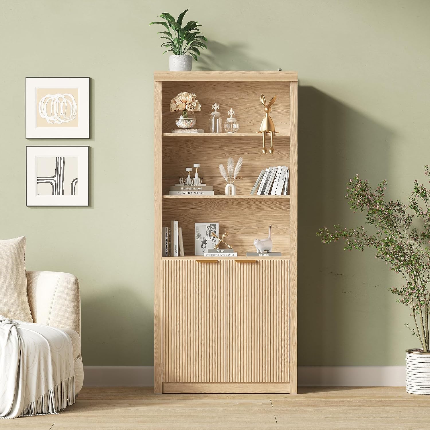 GarveeHome Tall Book Shelf and Bookcase, 31.5' Wide Wooden Bookcase with Doors, Farmhouse Book Case with Large Storage, 5-Shelf Bookcases with Adjustable top Shelve for Home Office, Living Room,Oak