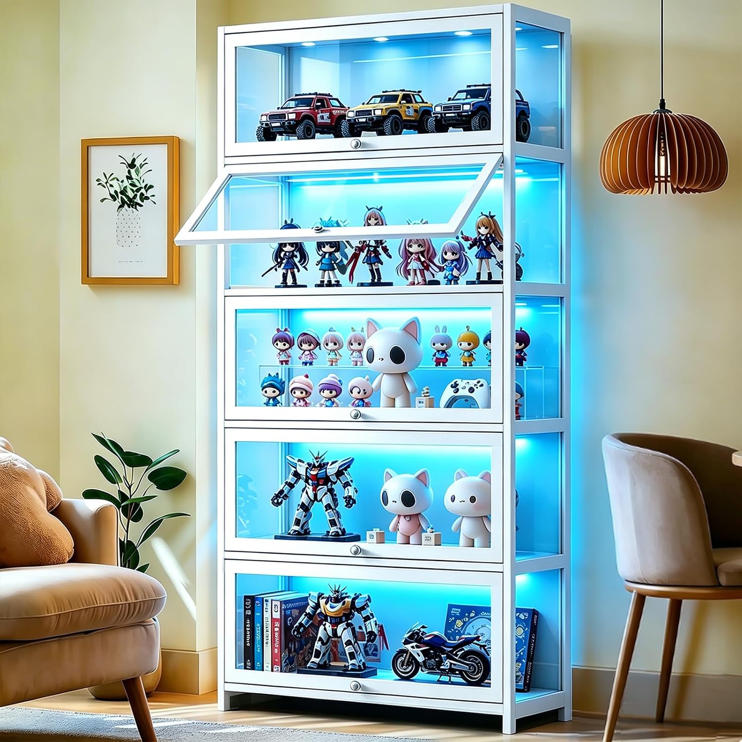 Display Cabinet with Acrylic Glass Door 67.7'' Tall Curio Cabinet - Collectibles Toy Organizers Rack & Display Case, Kids Bookcase for Bedroom, Reading Nook, Toddler's Room, Bamboo
