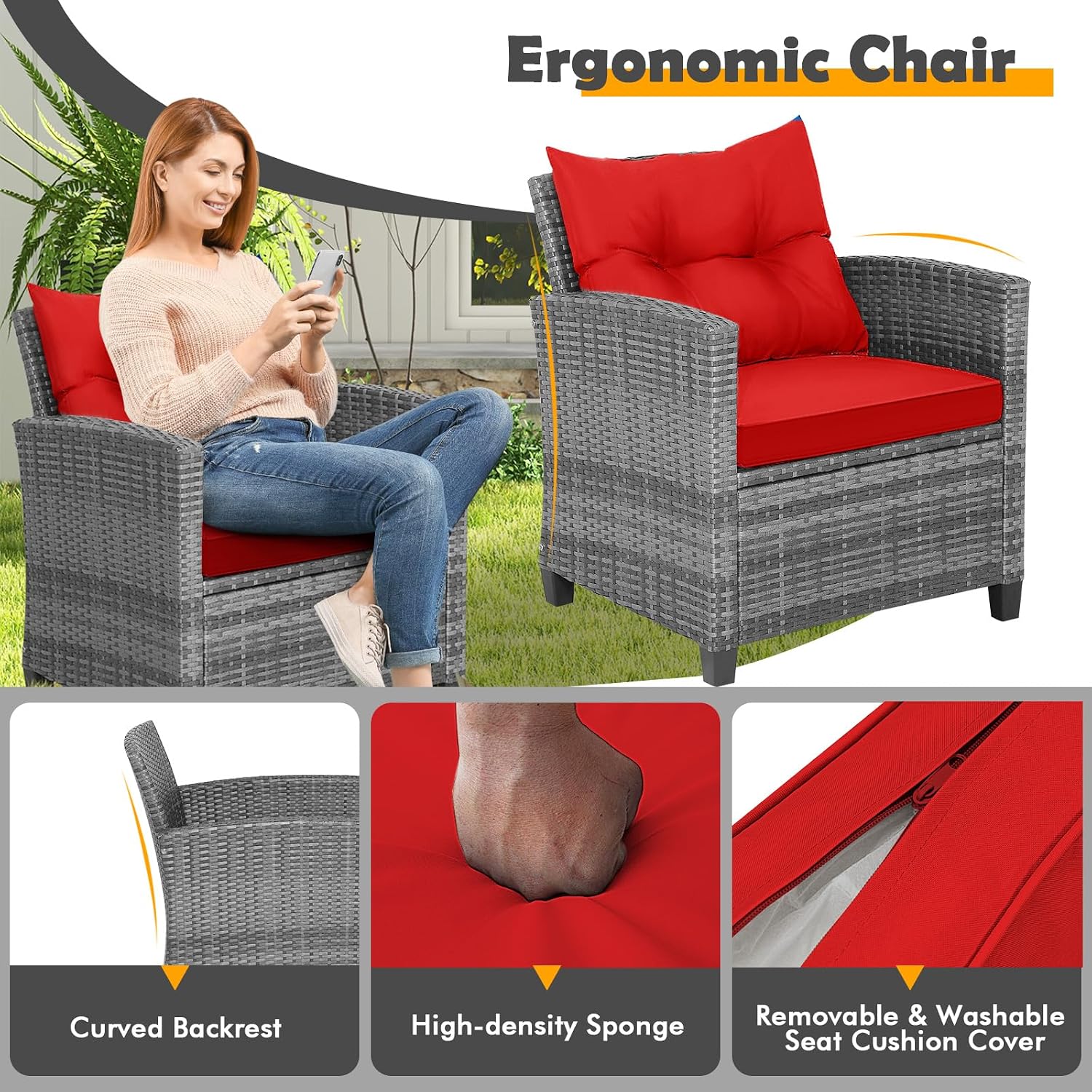 Tangkula 3 Pieces Patio Furniture Set, Outdoor PE Rattan Conversation Chair Set with Tempered Glass Side Table and Removable Cushions, PE Wicker Chairs and Table Set for Porch, Balcony and Garden