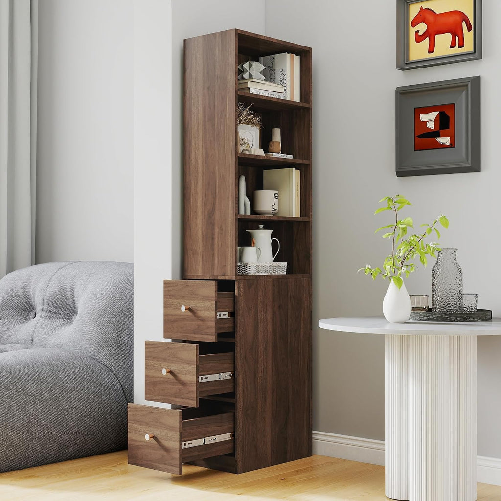 71' Wooden Melamine Finish Showcase Cabinet, Lego Display Case with 4-Tier Shelves, Lego Display Shelves with 3 Side Drawers for Living Rooms, Home Offices, Kitchens, Walnut