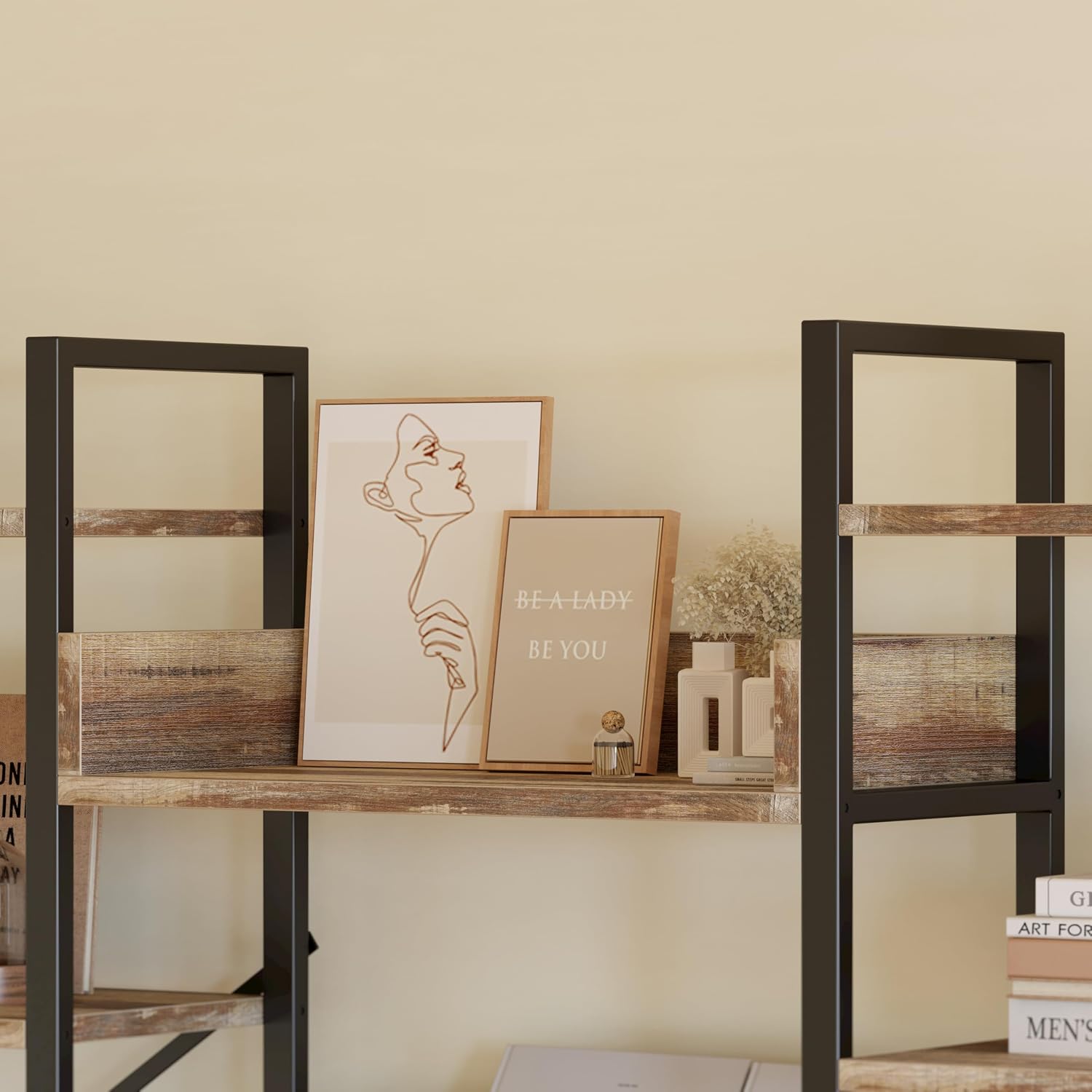IRONCK Industrial Bookshelves 6 Tiers Triple Wide Bookshelf, Large Etagere Bookshelf Open Record Player Shelves with Metal Frame for Living Room Home Office