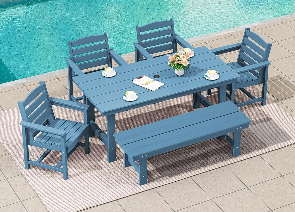 SERWALL Patio Dining Table and Bench Set for 6, Blue