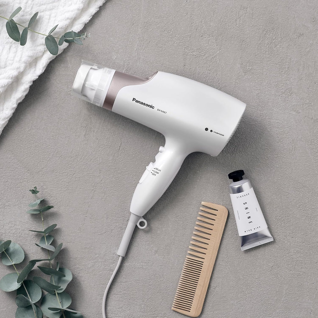 Panasonic Nanoe Salon Hair Dryer with Oscillating QuickDry Nozzle, Blow Dryer with Diffuser and Concentrator Attachments, 3 Speed Heat Settings for Easy Styling and Healthy Hair - EH-NA67-W (White)