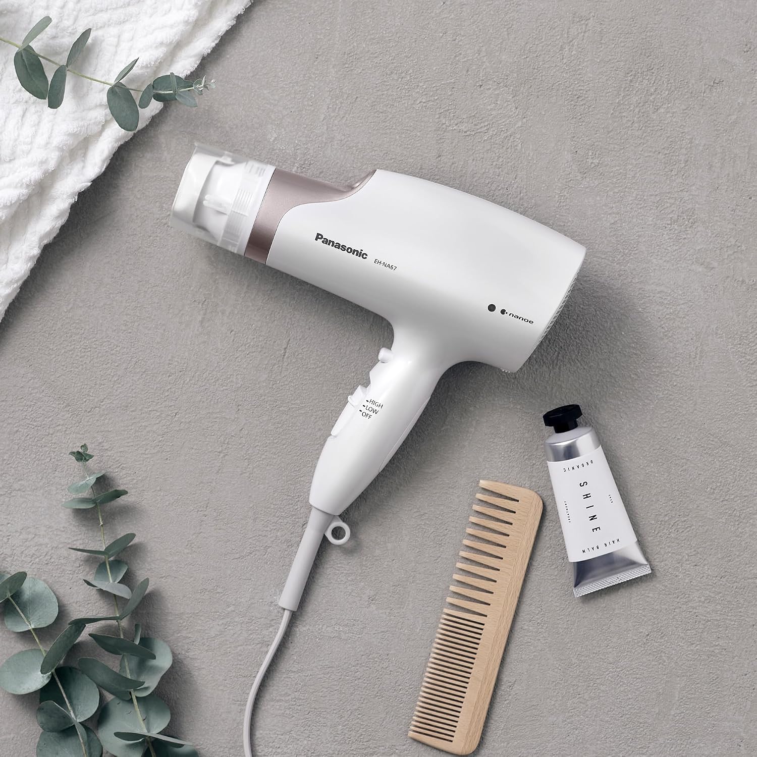 Panasonic Nanoe Salon Hair Dryer with Oscillating QuickDry Nozzle, Blow Dryer with Diffuser and Concentrator Attachments, 3 Speed Heat Settings for Easy Styling and Healthy Hair - EH-NA67-W (White)