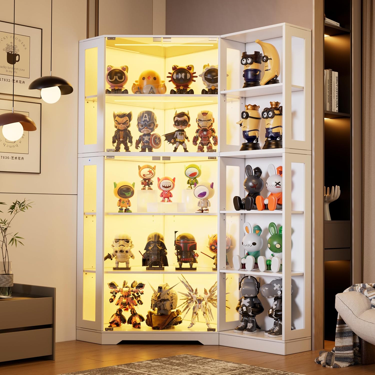 Corner Display Cabinet with Glass Doors,5-Tier Curio Cabinet with 3 Color Lights for Collectibles,71' Glass Display Case for Toys, Books, Extra Bookcase with 5 Dust-Proof Rack for Living Room, White