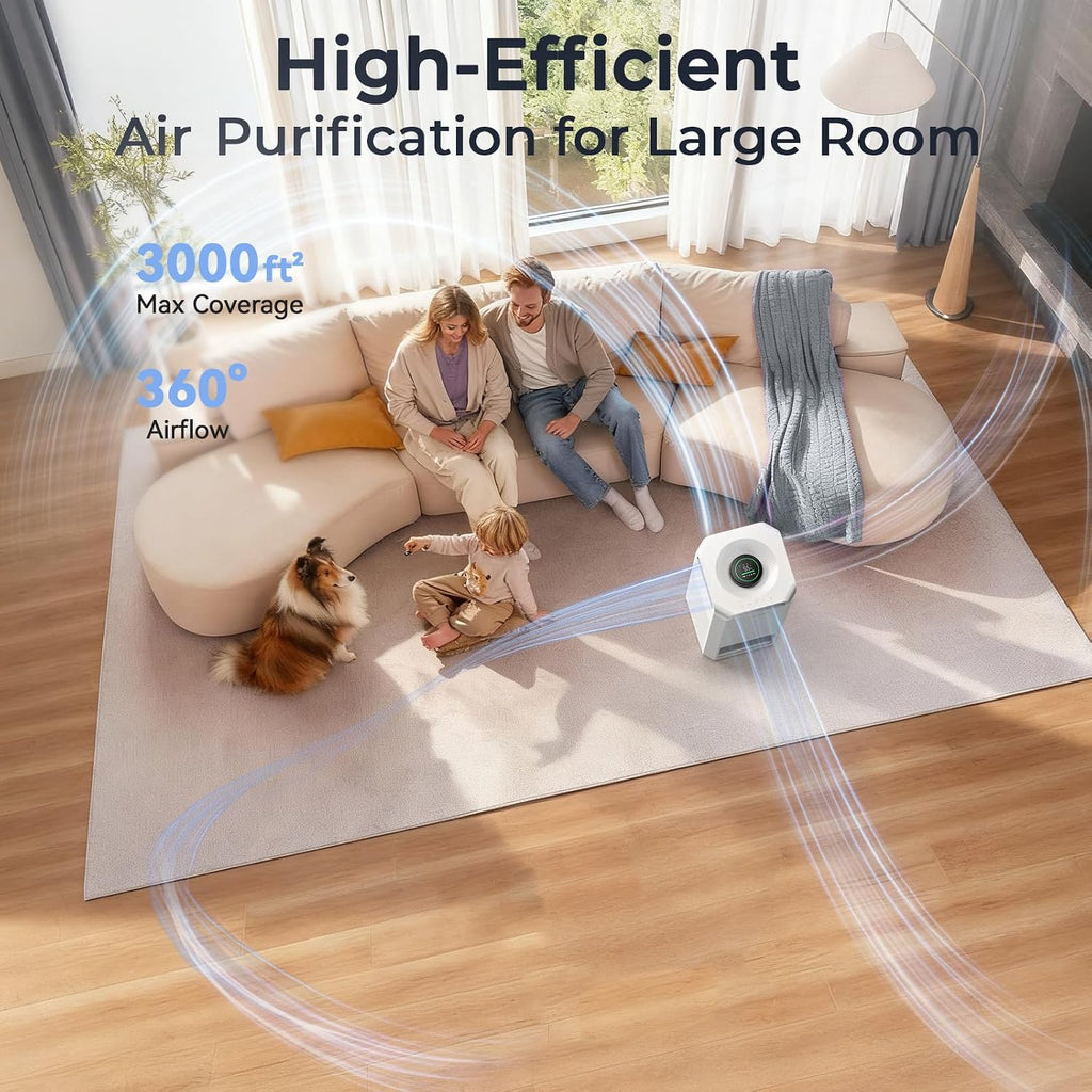 Afloia Air Purifier and Humidifier Combo in One-Cool Mist Evaporative for Home Bedroom Large Roome up tp 3000ft², with Humidity&Air Quality Sensor, Remove Pets Hair Mold Dust Odor Pollen Smoke, White