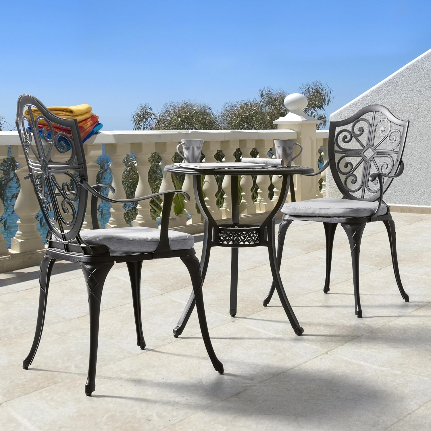 NUU GARDEN 3-Piece Outdoor Bistro Set, Cast Aluminum Patio Bistro Table and Chairs with Umbrella Hole and Grey Cushions, Bistro Set for Patio and Backyard, Black