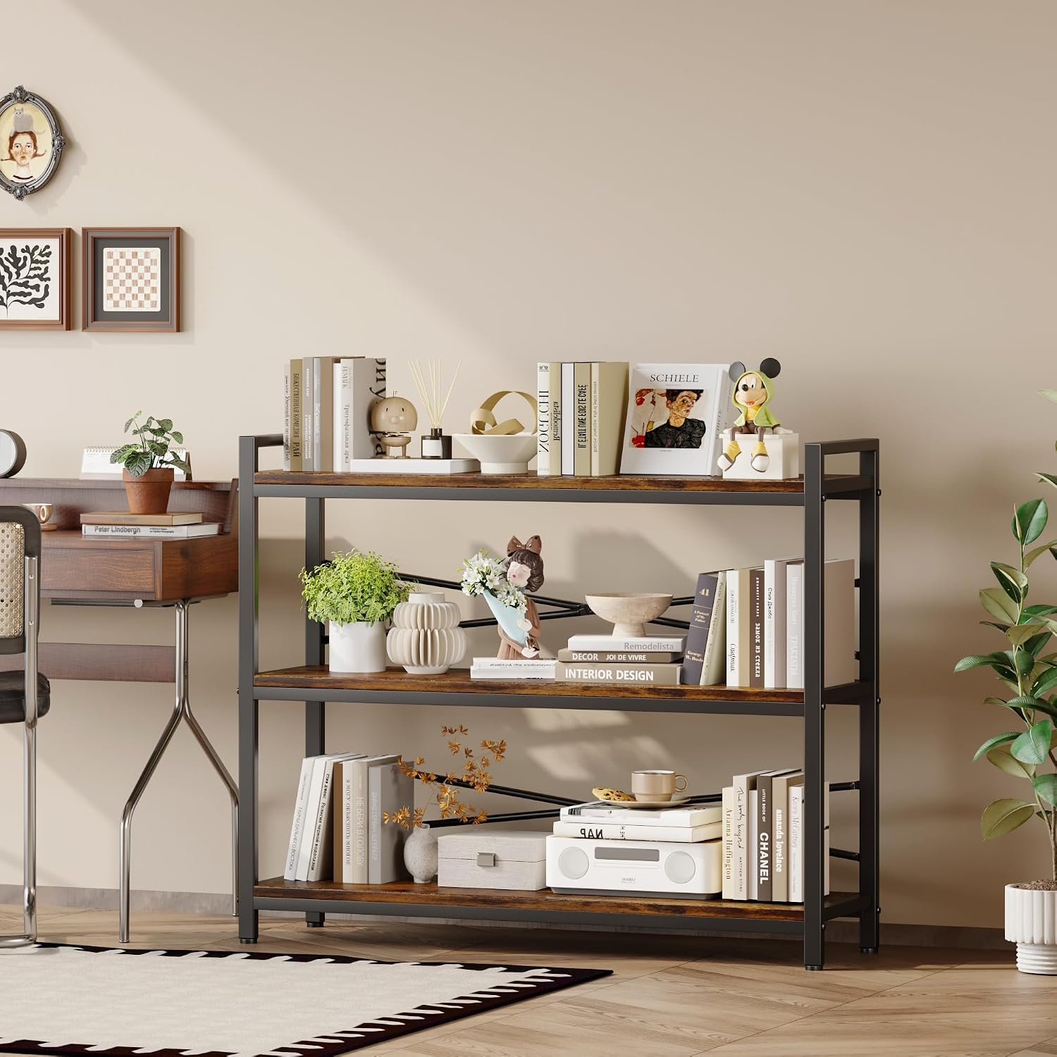 3 Tier Bookshelf 39.37' Width, Long Industrial Bookcase, Vintage Farmhouse Modern Wooden Big Book Shelf for Home Living Room Bedroom Office Storage(Rustic Brown)