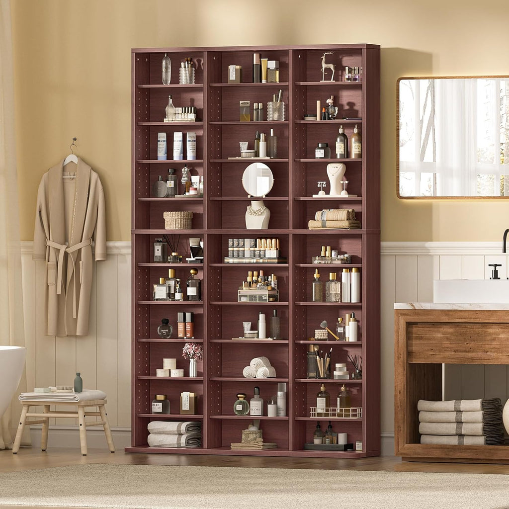 11 Tier Tall Display Cabinet, Walnut Media Storage Cabinet with Adjustable Shelves, Free Standing DVD Organizer Shelf, Floor multimedia storage manga bookshelf for Living Room & Home Office.