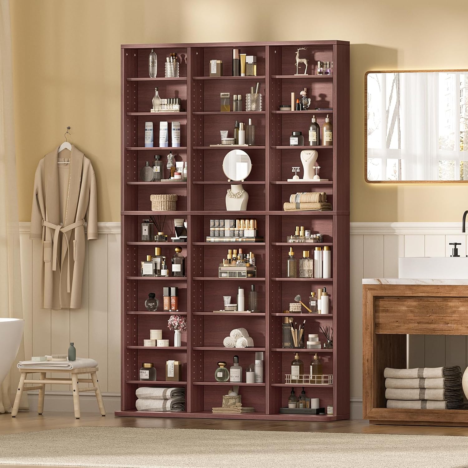 11 Tier Tall Display Cabinet, Walnut Media Storage Cabinet with Adjustable Shelves, Free Standing DVD Organizer Shelf, Floor multimedia storage manga bookshelf for Living Room & Home Office.