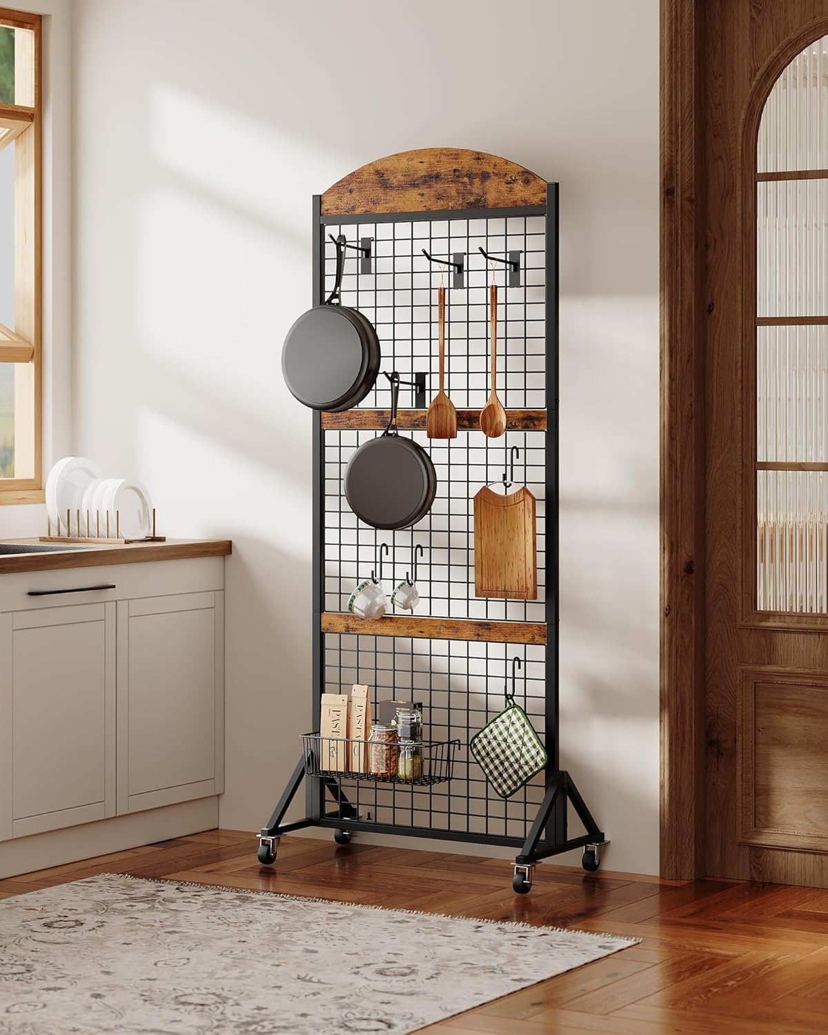 CHOEZON Grid Wall Panel 5.7' x 2' FT Grid Display Rack, 2 Pack Movable Gridwall Display Stand with 8 S-Shaped Hooks and 8 Garment Hooks, Floorstanding Wire Grid Rack, Rustic Brown and Black TCJ17P2BF