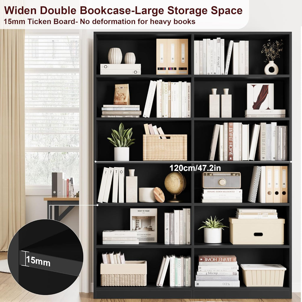 FACBOTALL Bookshelf and Bookcase, 6-Tier Double Wide Bookshelves, Freestanding Display Storage Shelves, Tall Bookcases for Home Decor Bedroom, Living Room, Home Office,Black