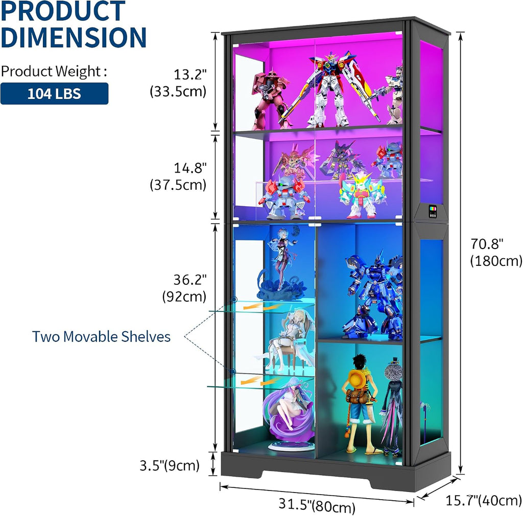 HNEBC Glass Display Cabinet with RGB Lights, 71'' Curio Cabinet with Glass Doors, 5-Tier Display Cases and Human Sensor, Bookcases for Collectibles, Books,Toys, Black