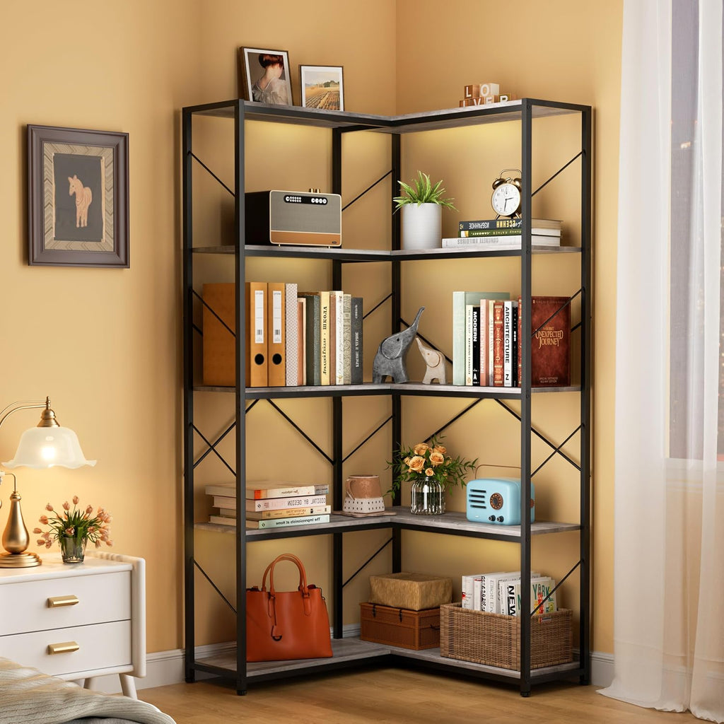 5 Tiers Corner Bookshelf, L-Shaped Bookcase Storage Organizer, Display Shelf Free Standing Book Shelf for Home Office, Living Room, Kitchen, Bedroom, Rustic Brown