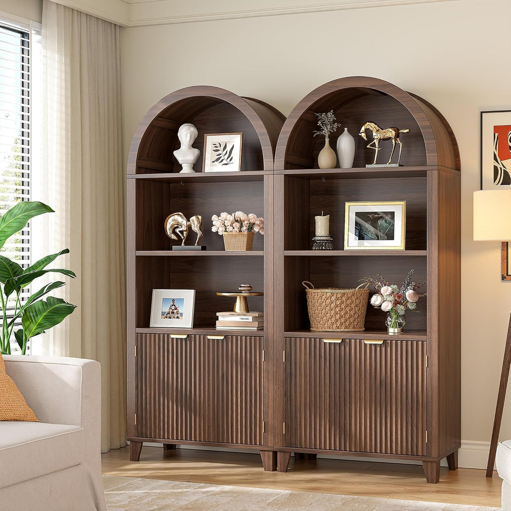DurayLoly Book Shelf Arched Cabinet, 5-Tier Arched Bookcase with Doors and Adjustable Wood Shelves, Wooden Storage Cabinet with Open Display Shelf for Office,Living Room, Kitchen，Walnut