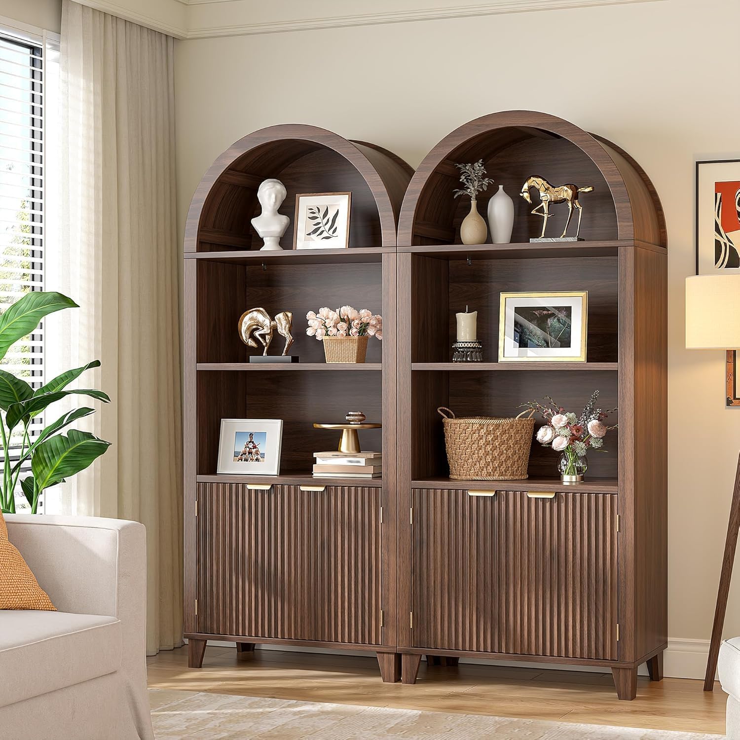 DurayLoly Book Shelf Arched Cabinet, 5-Tier Arched Bookcase with Doors and Adjustable Wood Shelves, Wooden Storage Cabinet with Open Display Shelf for Office,Living Room, Kitchen，Walnut