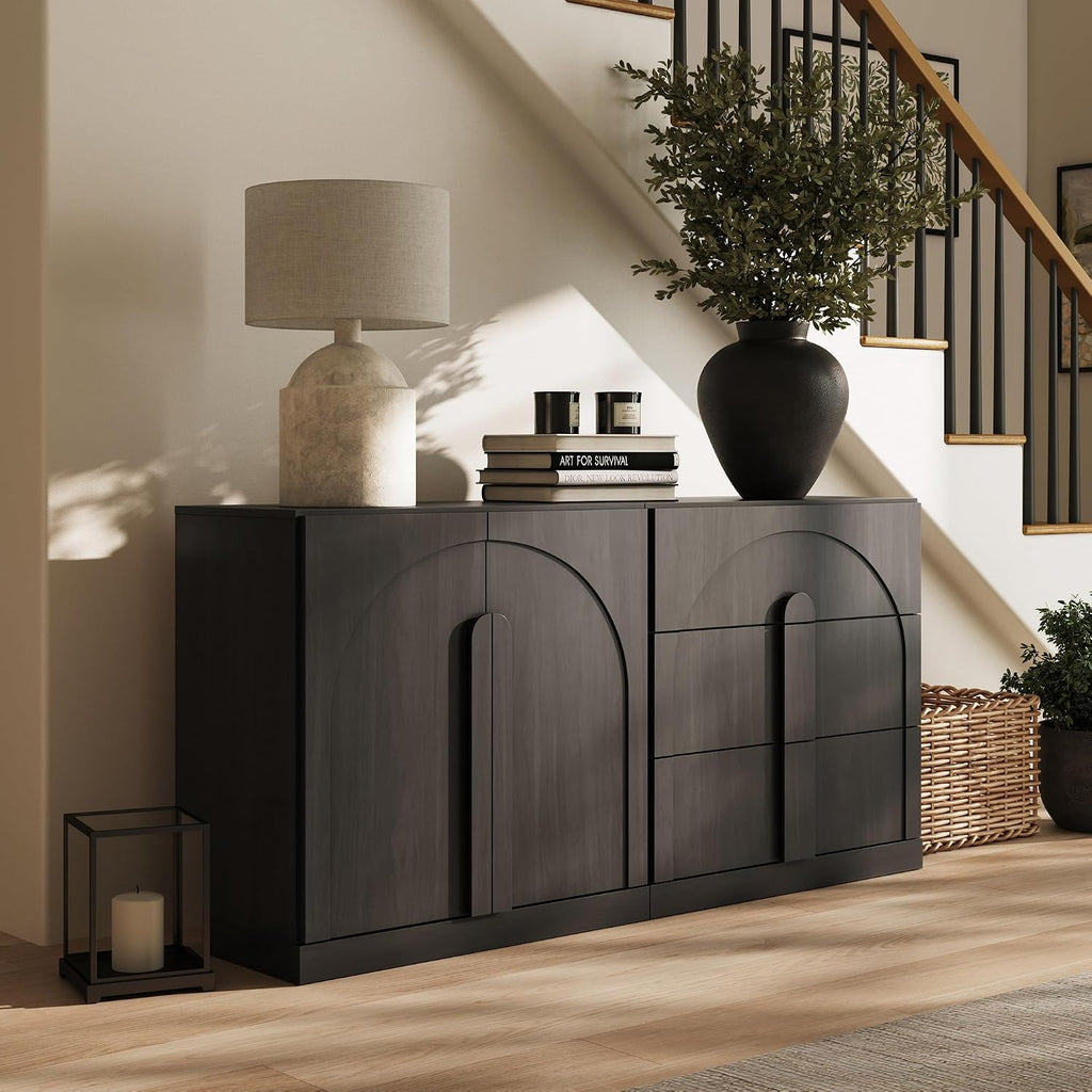 BELLEZE Modular Sideboard Cabinet with Storage, 2-Piece Modern Buffet Cabinet with Adjustable Shelf and 3 Drawers, Media Console Minimalist Credenza for Living Room Kitchen Dining Room, Ebony