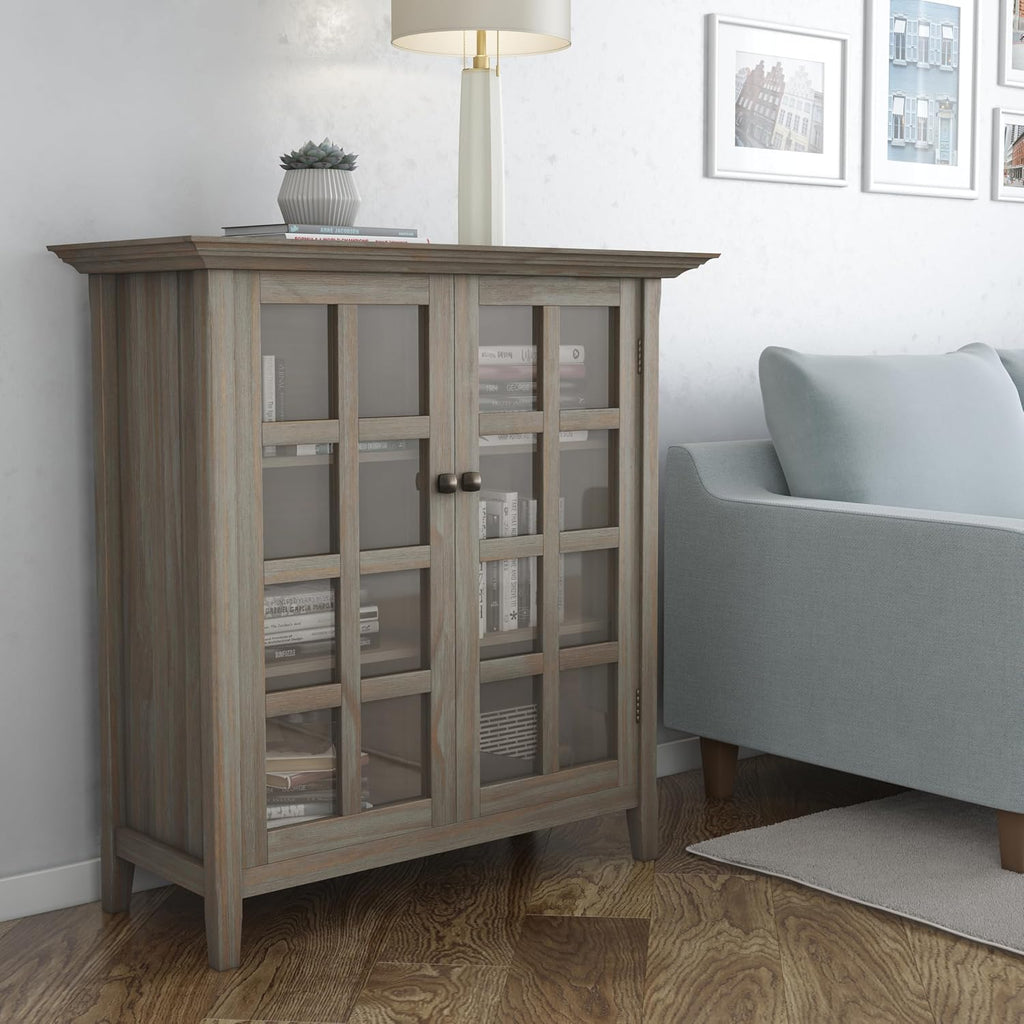 SIMPLIHOME Acadian Storage Cabinet - 39 inch Wide Solid Wood 4-Shelf Display Cabinet in Distressed Grey, Transitional Cupboard for Living Room or Dining Room with Glass Doors and Adjustable Shelves