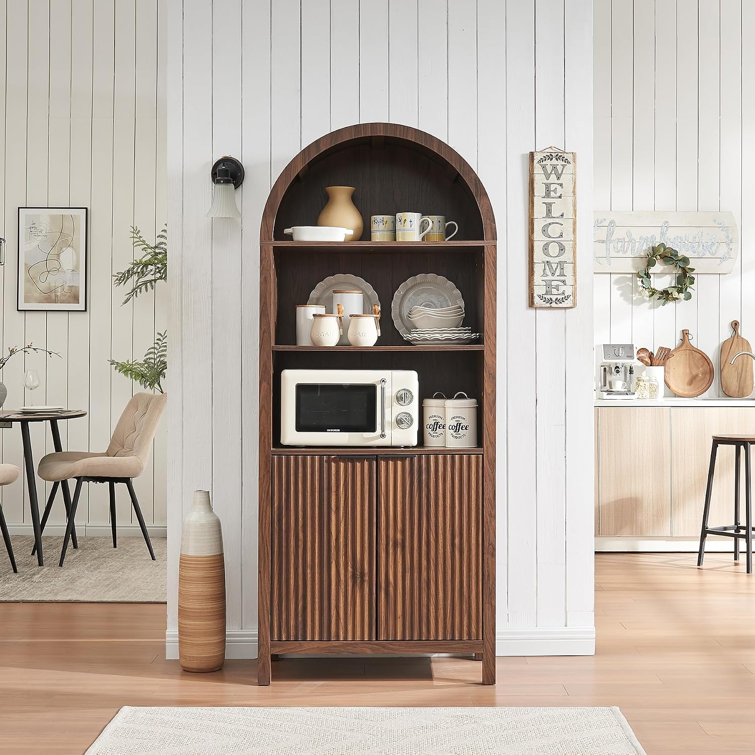 Arched Cabinet Bookshelf Bookcase - 71' Tall Mid Century Arched Display Cabinets, Rounded Bookshelf with Fluted Doors, Open Shelf Storage Cabinet for Dining Room (Walnut)