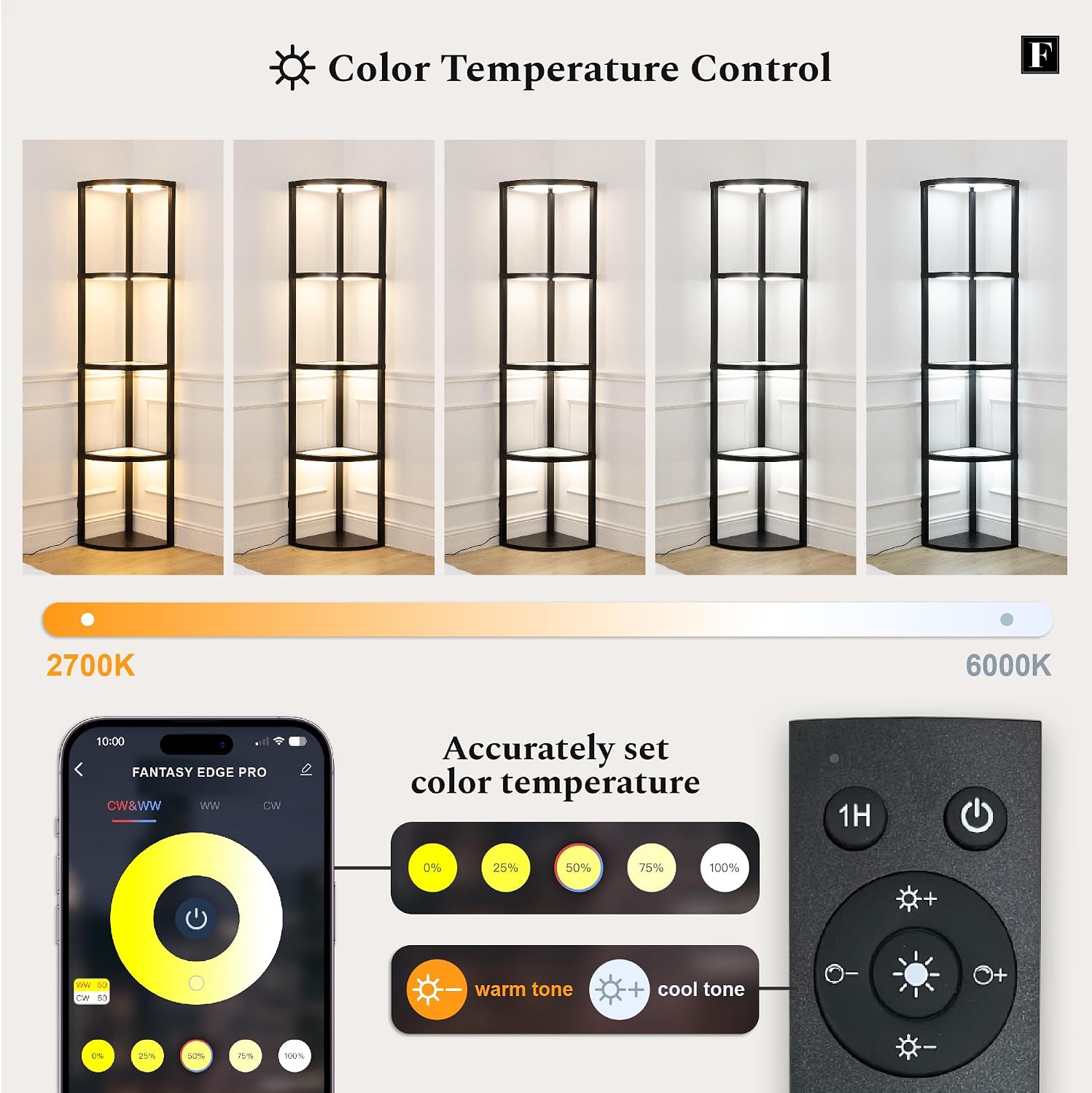 FENLO Corner Floor Lamp with Shelves, Dimmable LED Corner Shelf with Lights, Standing Lamp for Living Room, Shelf Lamp with Full Brightness Control, Color Changing Temps, and Reinforced Glass
