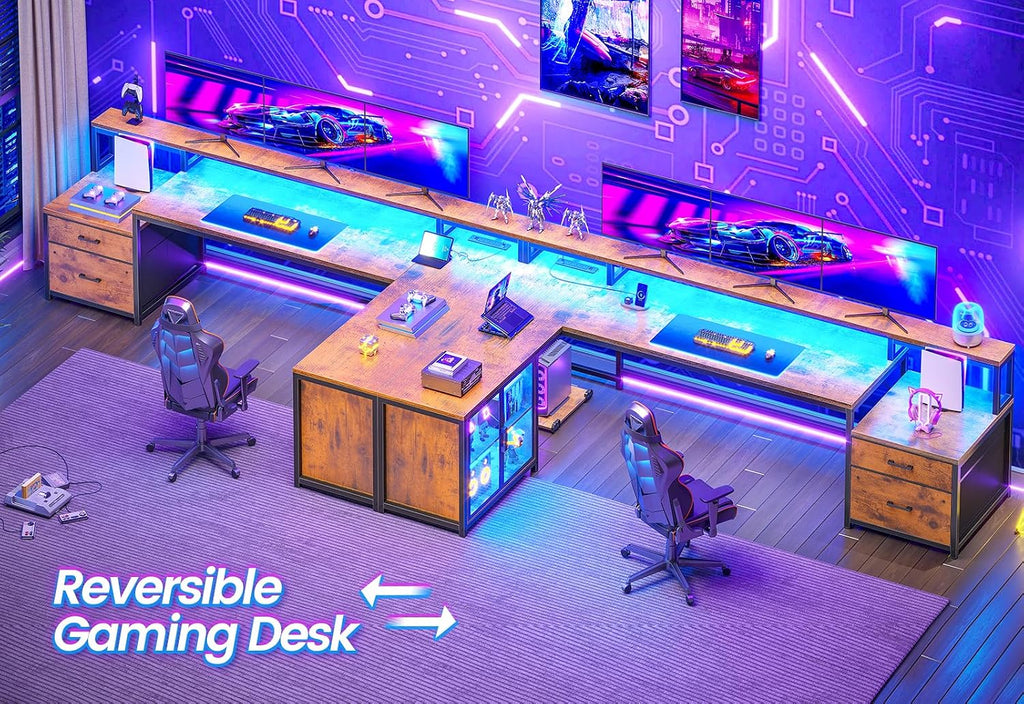 SEDETA 78.7' Large L Shaped Desk with Storage Drawers, Office Desk with File Drawer and Display Cabinet, L Shaped Gaming Desk with Storage, Power Outlet and LED Lights for Home Office, Rustic Brown