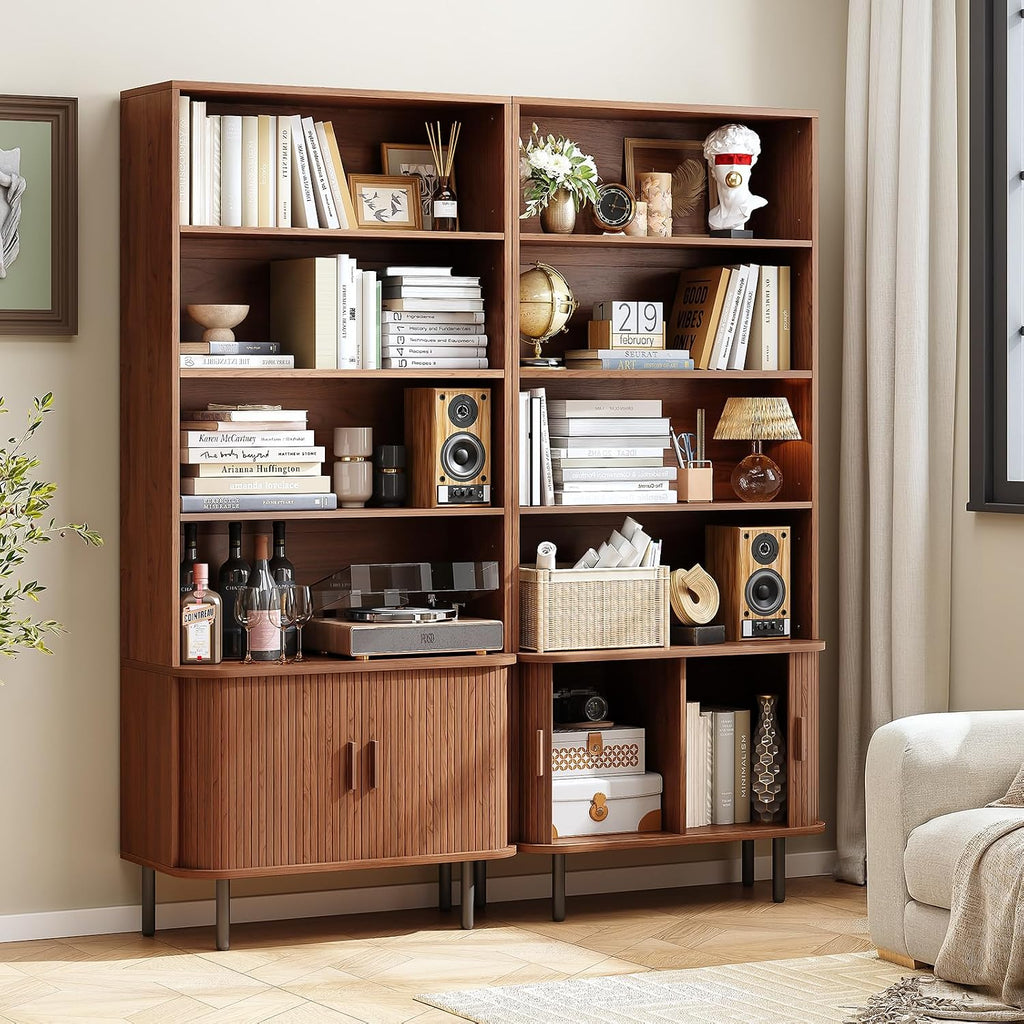 ONBRILL 71' Tall Bookshelf, 4-Tier Bookcase with Storage Cabinet & Adjustable Storage Shelf, Freestanding Wood Bookshelf with Sliding Door and Adjustable Footpad, for Home Office, Living Room, Walnut