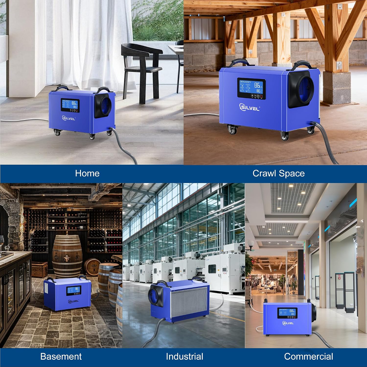 SILVEL 145 Pints Crawl Space Dehumidifier with Drain Hose, Portable Commercial Dehumidifier for Basement and Whole Home, Smart Automatic Defrost, Memory Start, Up to 6000 Sq.Ft, Blue