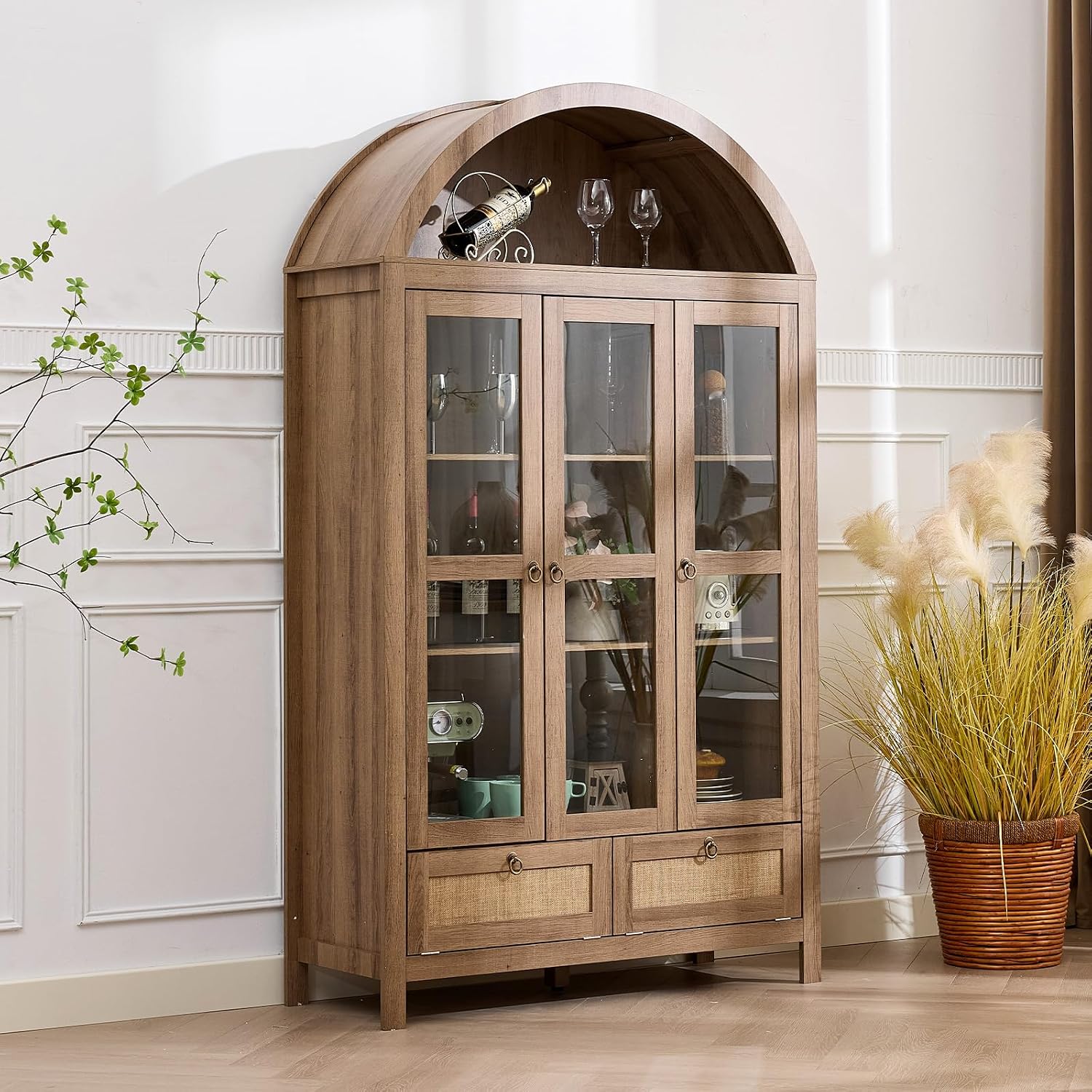 TYBOATLE 75'' Arched Cabinet Classic Farmhouse Design w/Three Glass Doors, Arch Cabinet w/Rattan Drawers and Anti-Tipping Device, Versatile Cupboard for Kitchen, Bathroom, Natural
