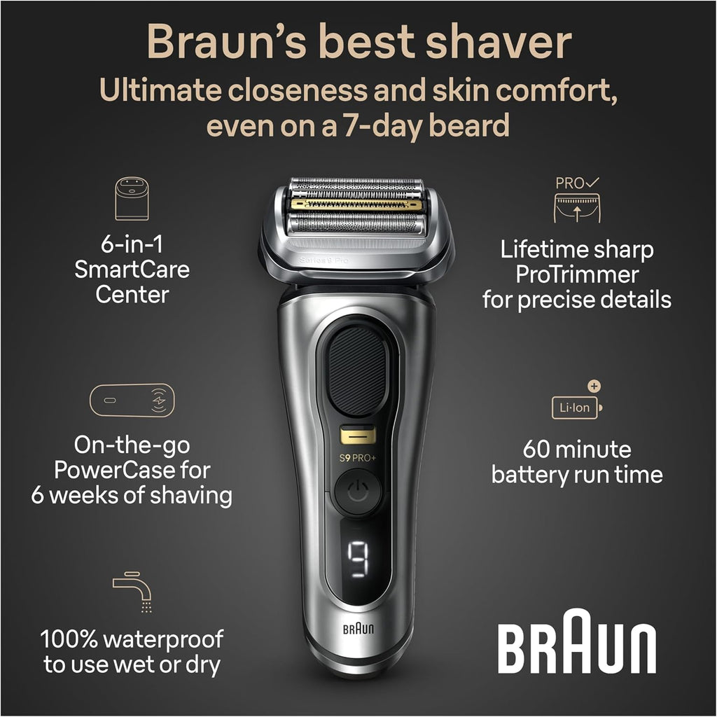 Braun Series 9 PRO+ 9577cc Electric Razor for Men, 5 Pro Shave Elements & Precision Long Hair Trimmer, 6in1 SmartCare Center, PowerCase for Mobile Charging, Wet & Dry, 60min Battery Runtime