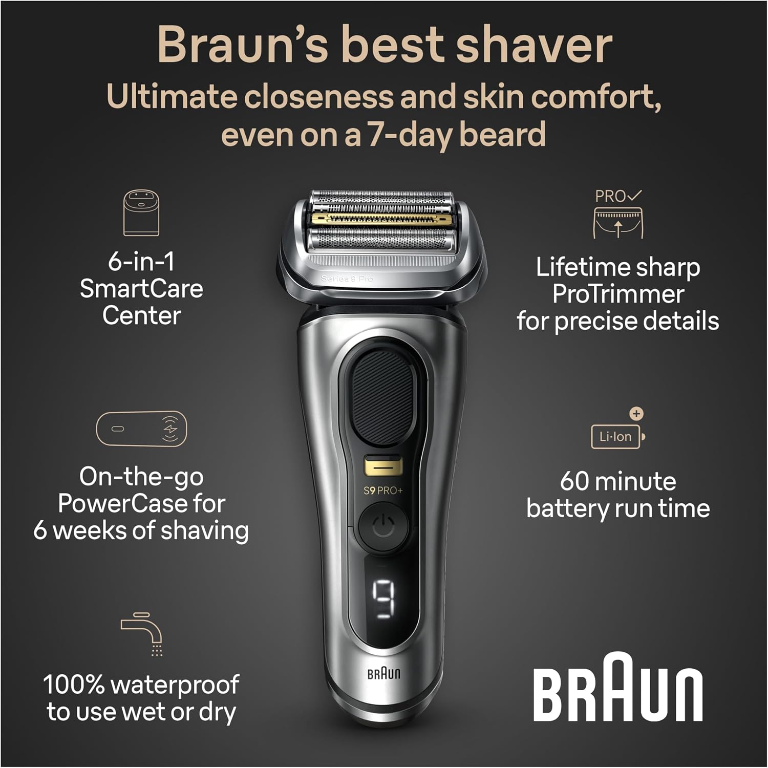 Braun Series 9 PRO+ 9577cc Electric Razor for Men, 5 Pro Shave Elements & Precision Long Hair Trimmer, 6in1 SmartCare Center, PowerCase for Mobile Charging, Wet & Dry, 60min Battery Runtime