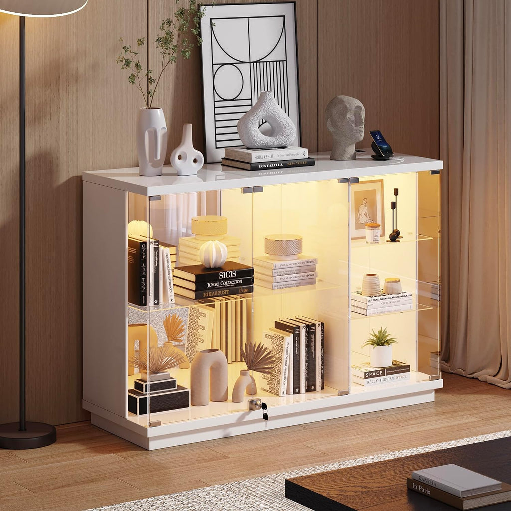 Lvifur High Gloss Display Cabinet - with Lock & LED Light, Curio Cabinet with Human Body Sensor & Glass Shelves for Toys, Books, Collectibles, Liquor, Bookcase for Living Room, Kitchen, Study, White