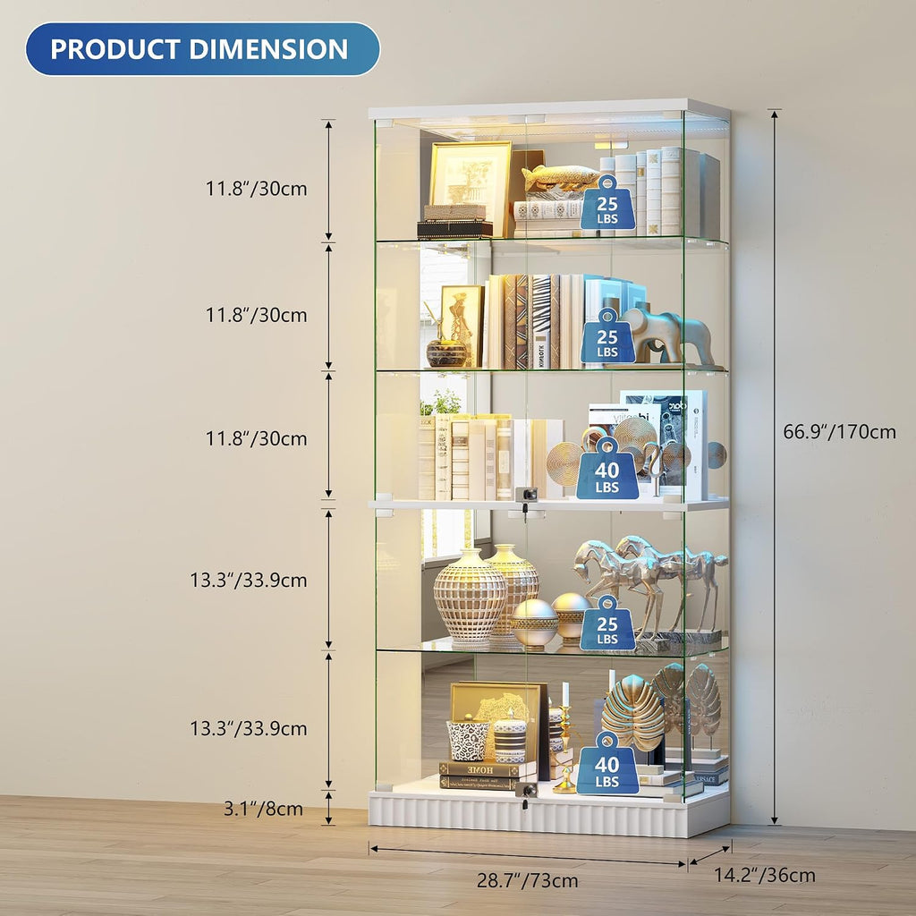 RGB Glass Display Cabinet with Lights, Modern Curio Cabinet Display Cases for Collectibles, Locking Showcase Cabinet with 5-Tier Shelves, Tall Bookcase w/ Human Body Sensor for Living Room (White)