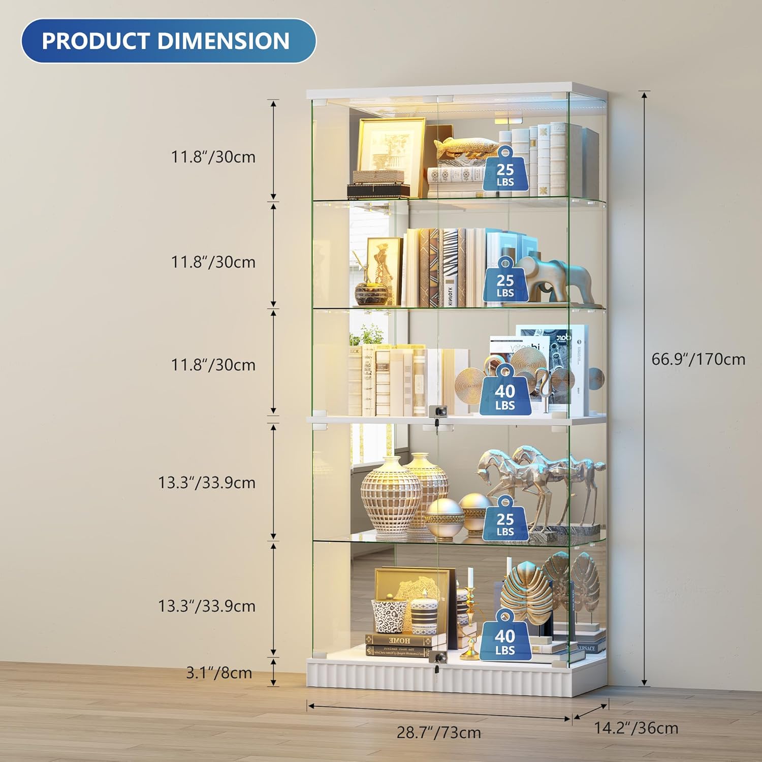 Glass Display Cabinet with RGB Lights - 5-Tiers Curio Cabinet Display Case with Lock, Frameless Tall Showcase Display Shelf for Collectibles & Legos, Living Room Bookcase Storage Cabinet (White)