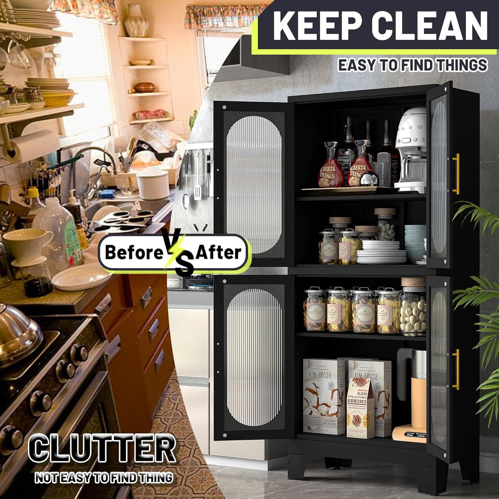 PAOFIN 61' Black Pantry Storage Cabinet, Kitchen Pantry Cabinet with Acrylic Glass Doors and Shelves, with Adjustable Leveling Foot for Kitchen, Living Room and Dining Room. 61'