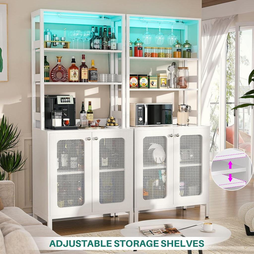 Aheaplus Bar Cabinet with Power Outlets, 67' Tall Wine Bar Cabinet Liquor Cabinet with LED Lights and Glass Holder, Coffee Bar Station for Living Room, Microwave Stand Bakers Rack Cabinet, White