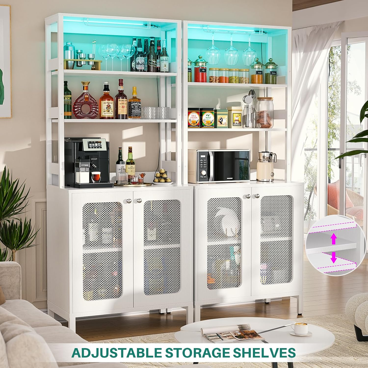 Aheaplus Bar Cabinet with Power Outlets, 67' Tall Wine Bar Cabinet Liquor Cabinet with LED Lights and Glass Holder, Coffee Bar Station for Living Room, Microwave Stand Bakers Rack Cabinet, White