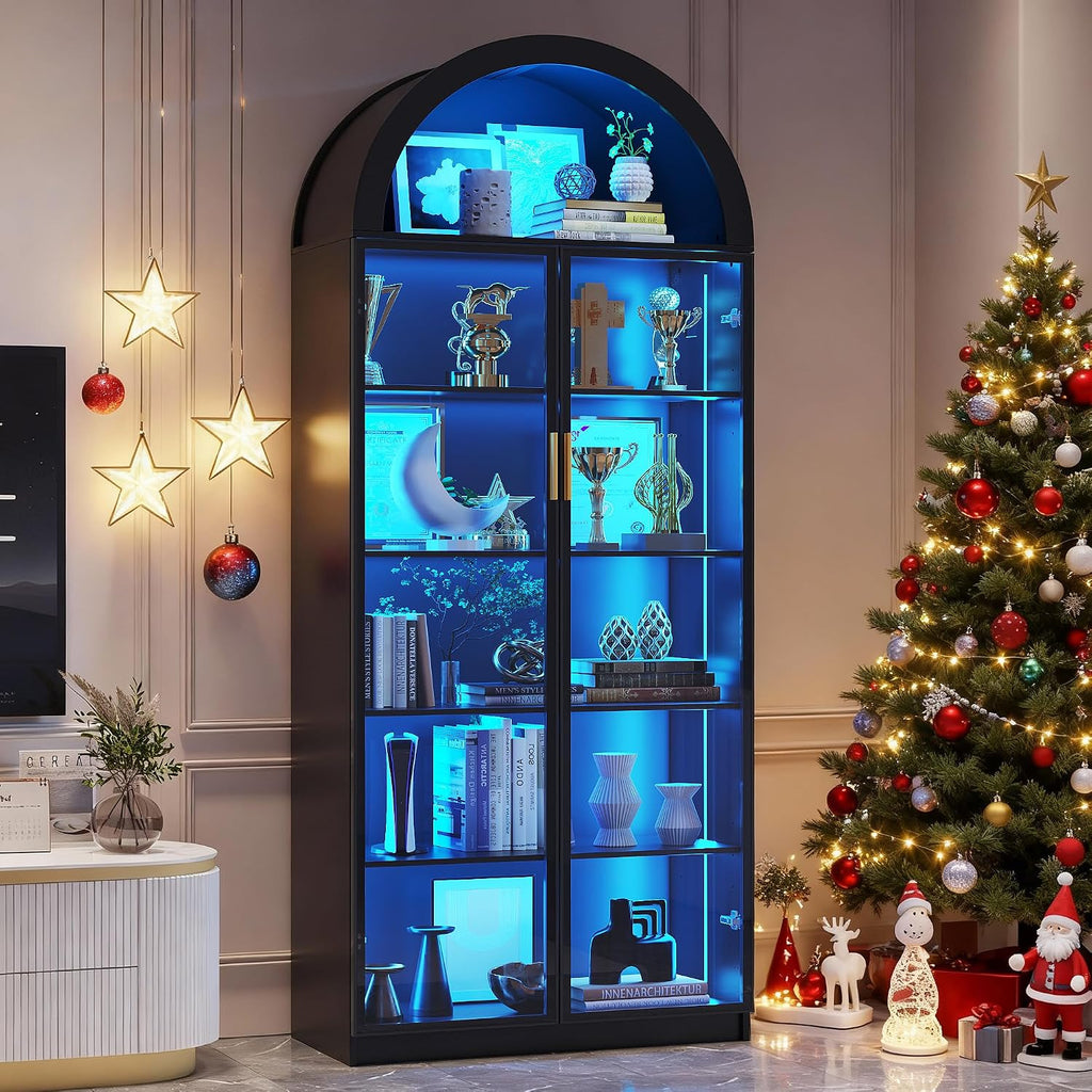FREDEES Arched Display Cabinet with Doors, 76' Tall Curio Cabinet with Adjustable Shelves/3 Colors LED Lights, 6 Tier Display Case for Collectibles Bedroom Living Room Office, Black