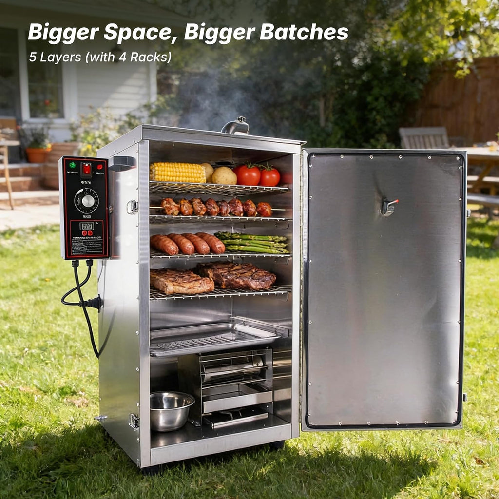 HAKKA Commercial Vertical Electric Smoke Oven for BBQ Grill Smoker 4 Rack 1000W Outdoor Indoor Home Cooking Pastrami, Sausage, Bacon, Smoked Chicken, Smoked Pork (DSH-S20B)