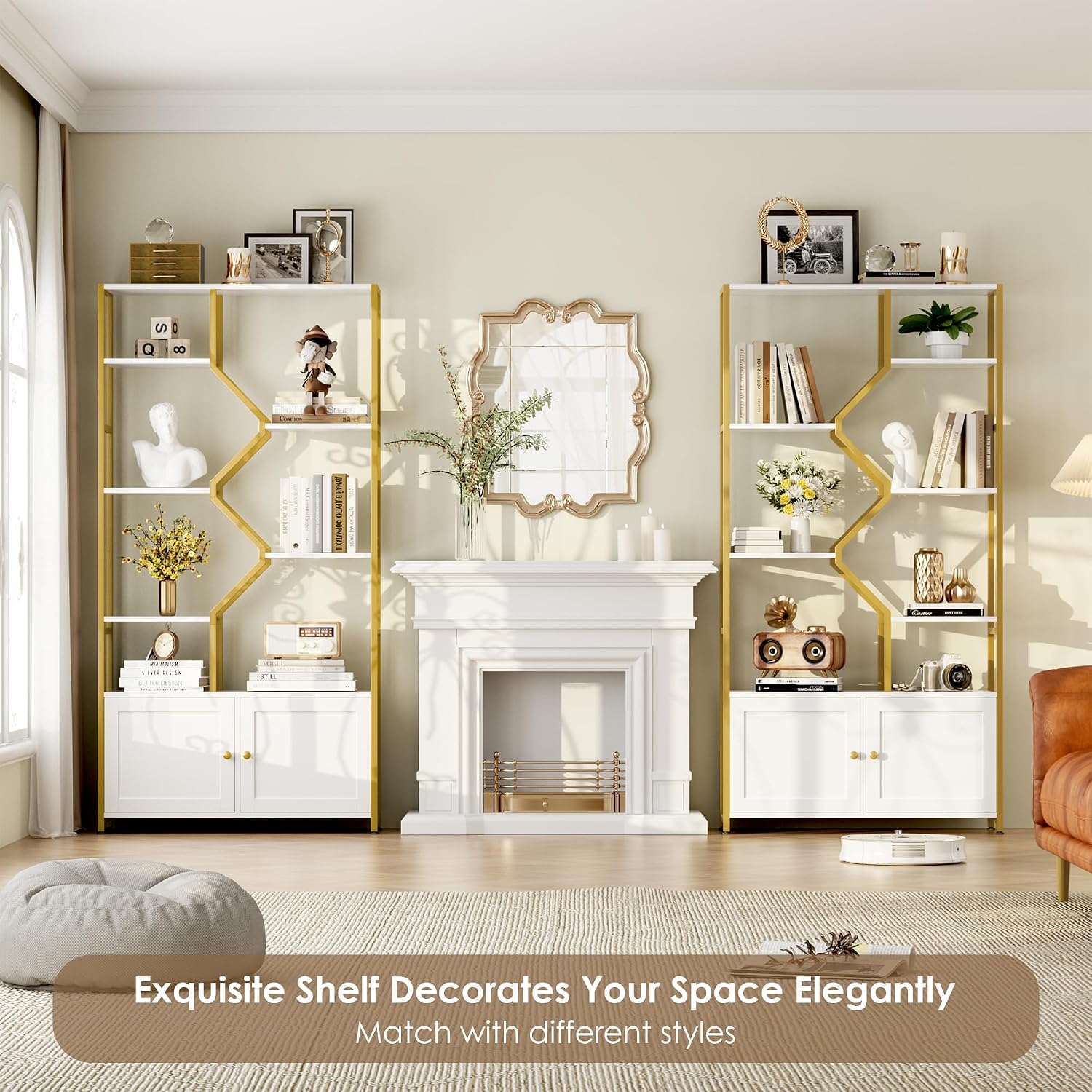 Keyluv 76' Tall Gold Bookshelf with Cabinet Storage, Multifunctional Open Display Bookcase with Door, Large Book Shelf Organizer for Living Room, Home, Office, Heavy Duty Metal & Wood, Modern White