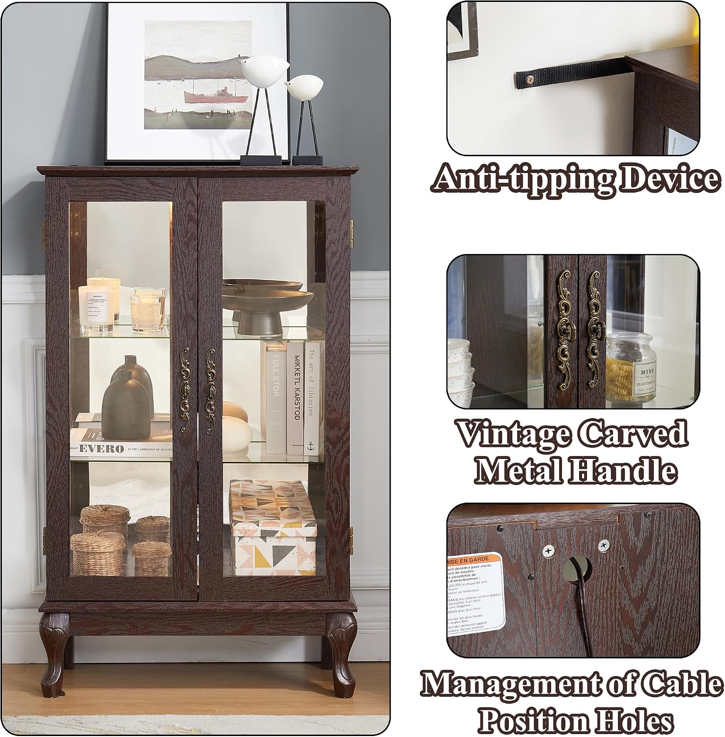 43' H Lighted Curio Cabinet Display Case, Glass Curio Cabinet with Adjustable Shelves and Tempered Glass Door, Wooden Cabinets w/Mirrored Back Pane for Living Room (Dark Cherry)