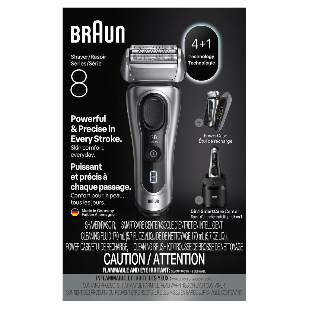 Braun Series 8 Electric Shaver, Shaving Kit with 4+1 Shaving Elements, Precision Long Hair Trimmer, SmartCare Center, PowerCase
