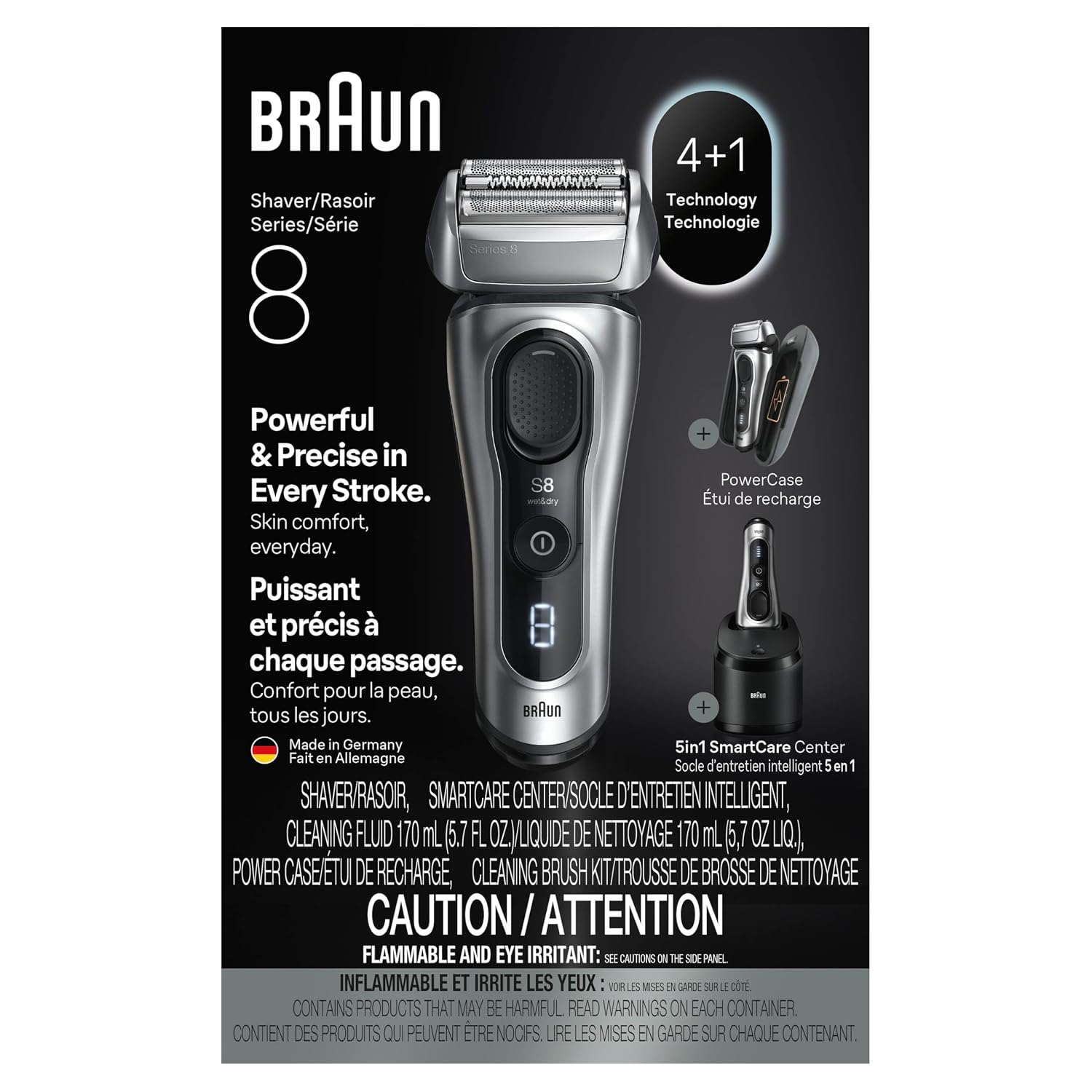Braun Series 8 Electric Shaver, Shaving Kit with 4+1 Shaving Elements, Precision Long Hair Trimmer, SmartCare Center, PowerCase