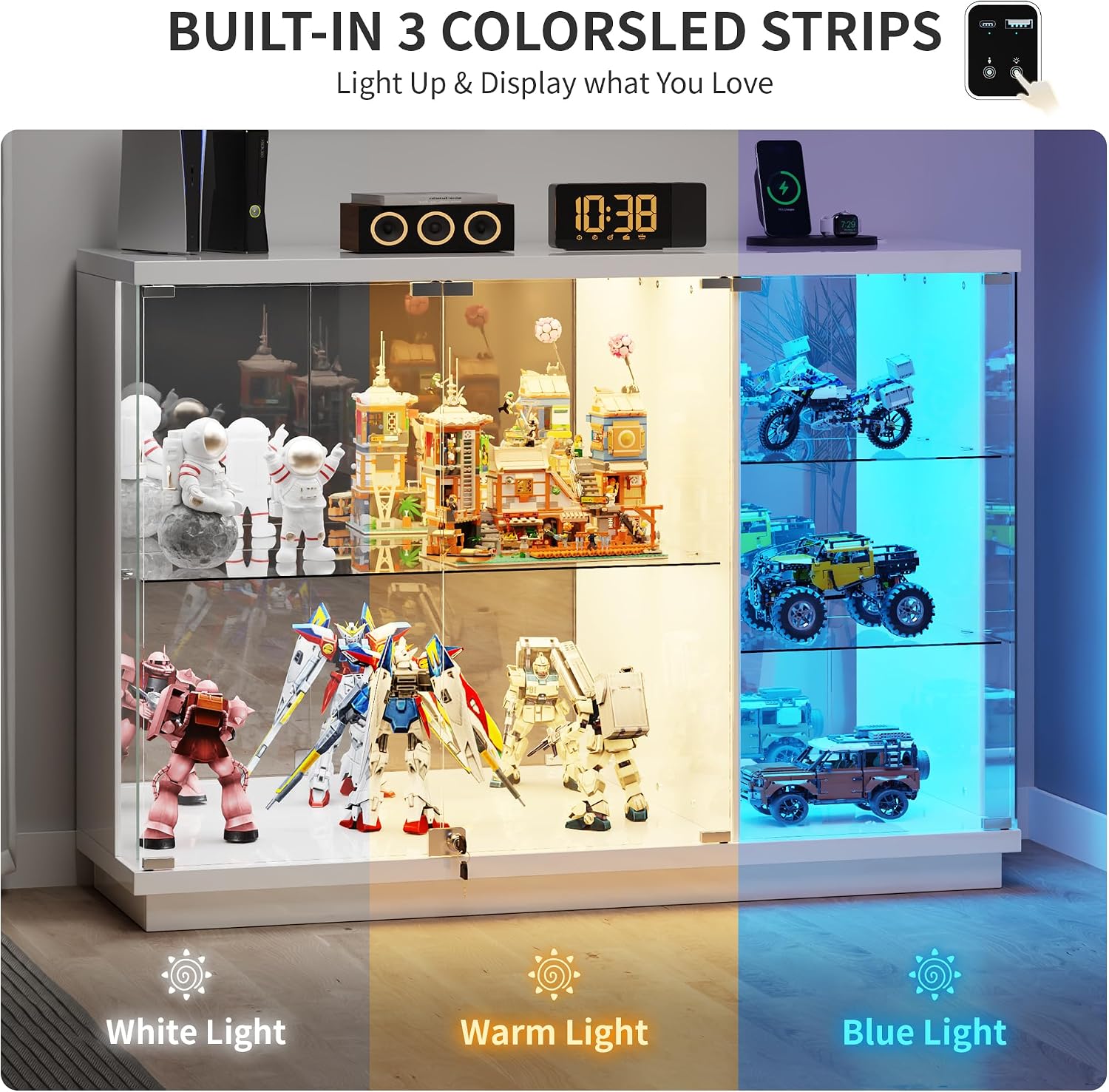 HNEBC Lockable Display Curio Cabinet with Glass Door,47.2' W Glass Display Cabinet with 3 Color Lights for Collectibles,5-Tier Lighted Display Case with Human Sensor,Living Room,White