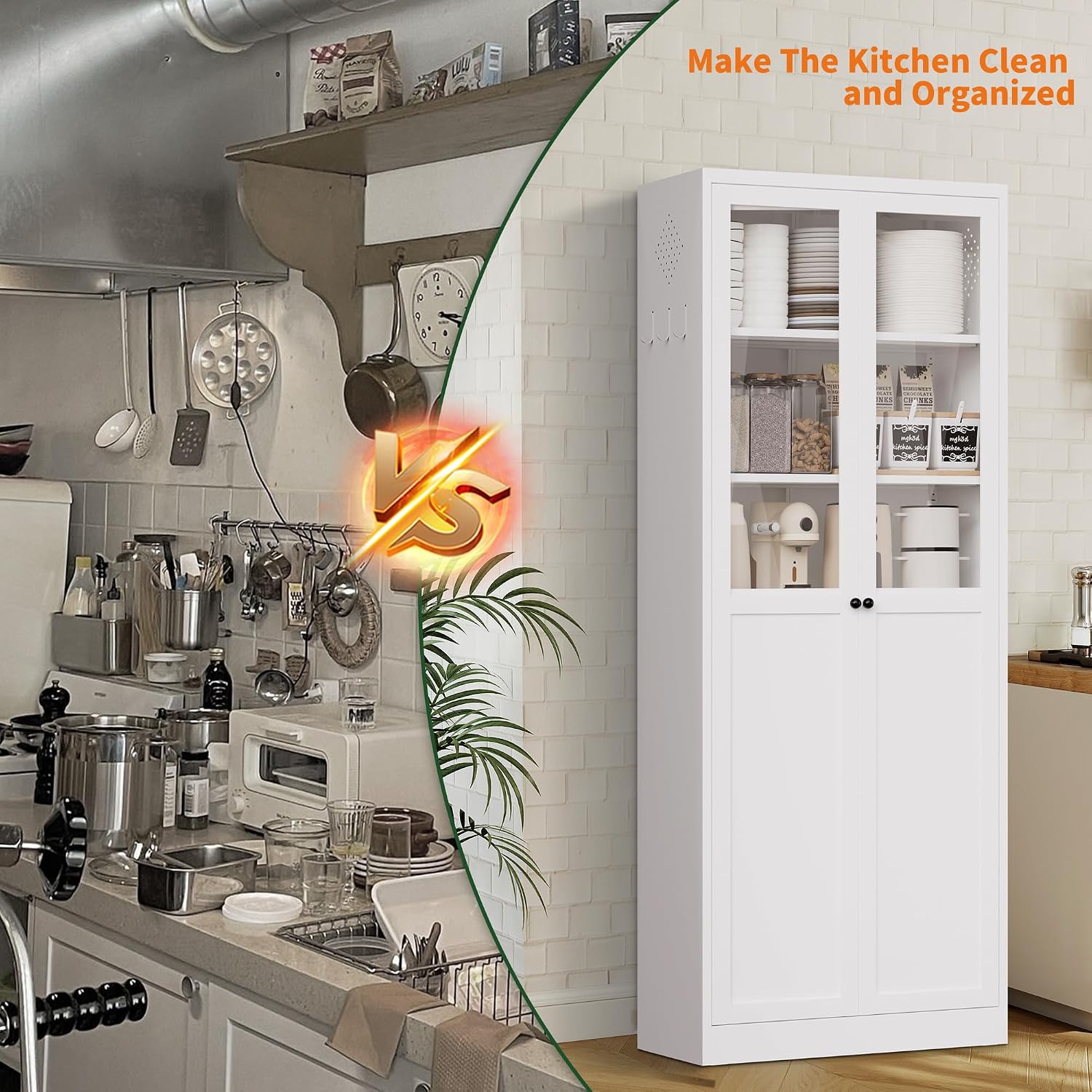 72' Metal Storage Cabinets with 5 Adjustable Shelves 2 Doors(Half Glass Door),White Kitchen Pantry Cabinet,Steel Cupboard Display Cabinets for Kitchen,Living Room,Bathroom,Assembly Required