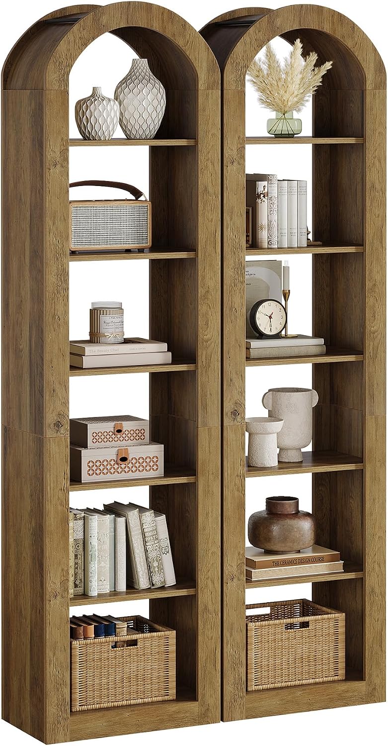 Tribesigns 74.8' Tall Arched Bookshelf, 6-Tier Narrow Open Bookcase, Floor Standing Corner Display Shelves Storage Organizer for Small Space, Home Office, Living Room (Rustic Brown, 2 PCS)