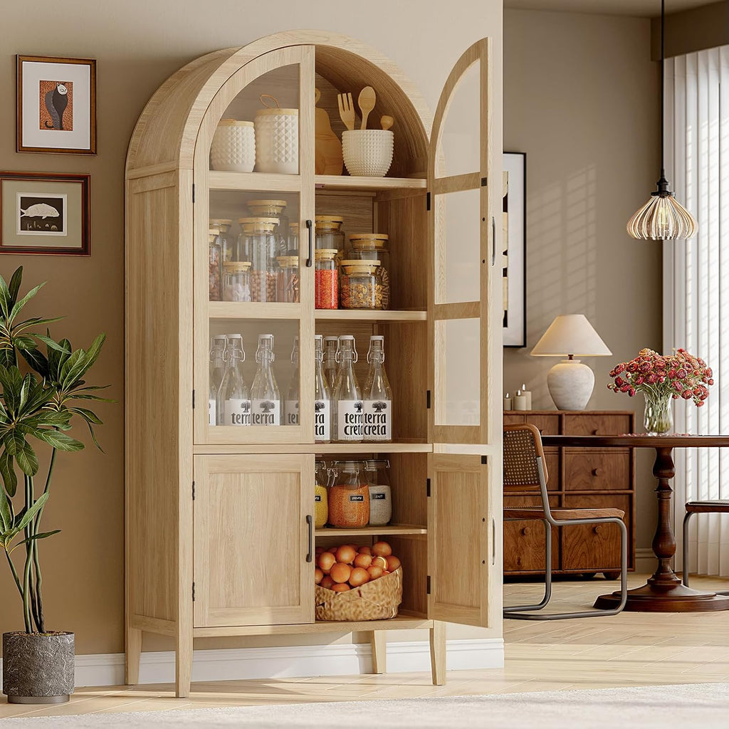 ONBRILL 71' Tall Arched Cabinet, 5-Tier Arched Kitchen Pantry with Glass Doors & Shelves, Modern Display Storage Cabinets with Adjustable Feet, Wooden Pantry Cabinet for Living Room, Dining Room